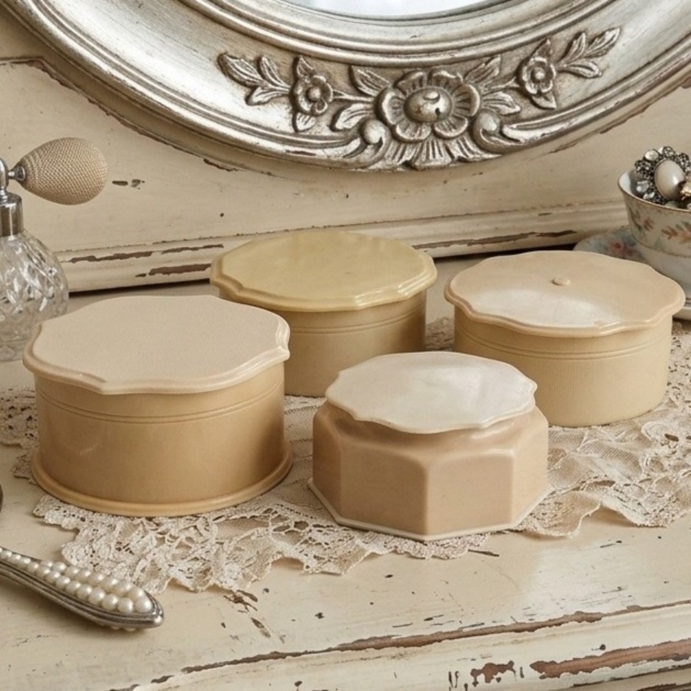 Vintage Fairfax Celluloid Vanity Boxes Cream Scalloped Art Deco Dresser Jars 4pc